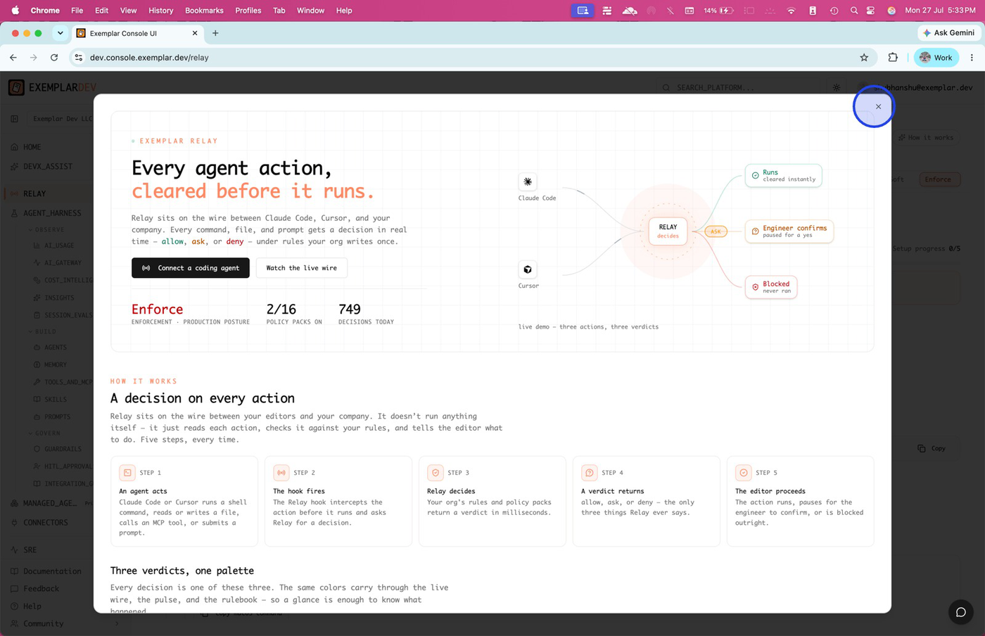 Relay how-it-works panel with allow, ask, and deny outcomes