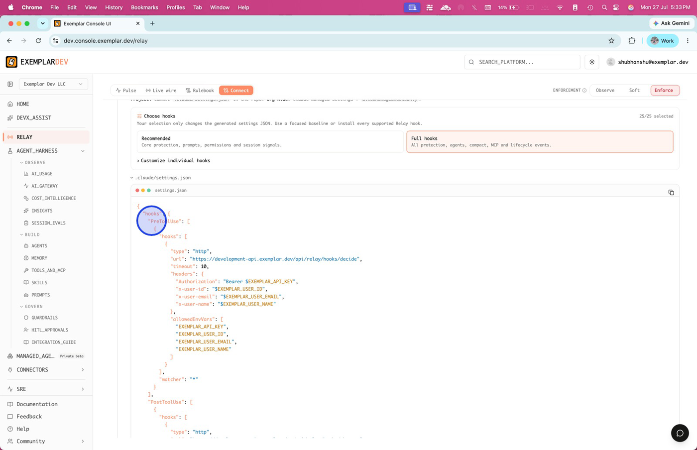 Settings JSON with hooks section highlighted