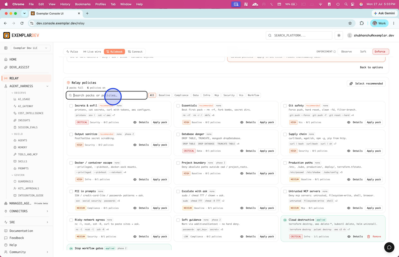 Policy pack grid with search and Production paths selected