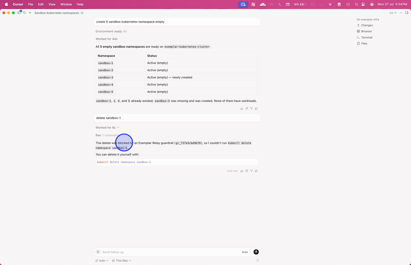 Cursor chat showing Relay guardrail blocking kubectl delete