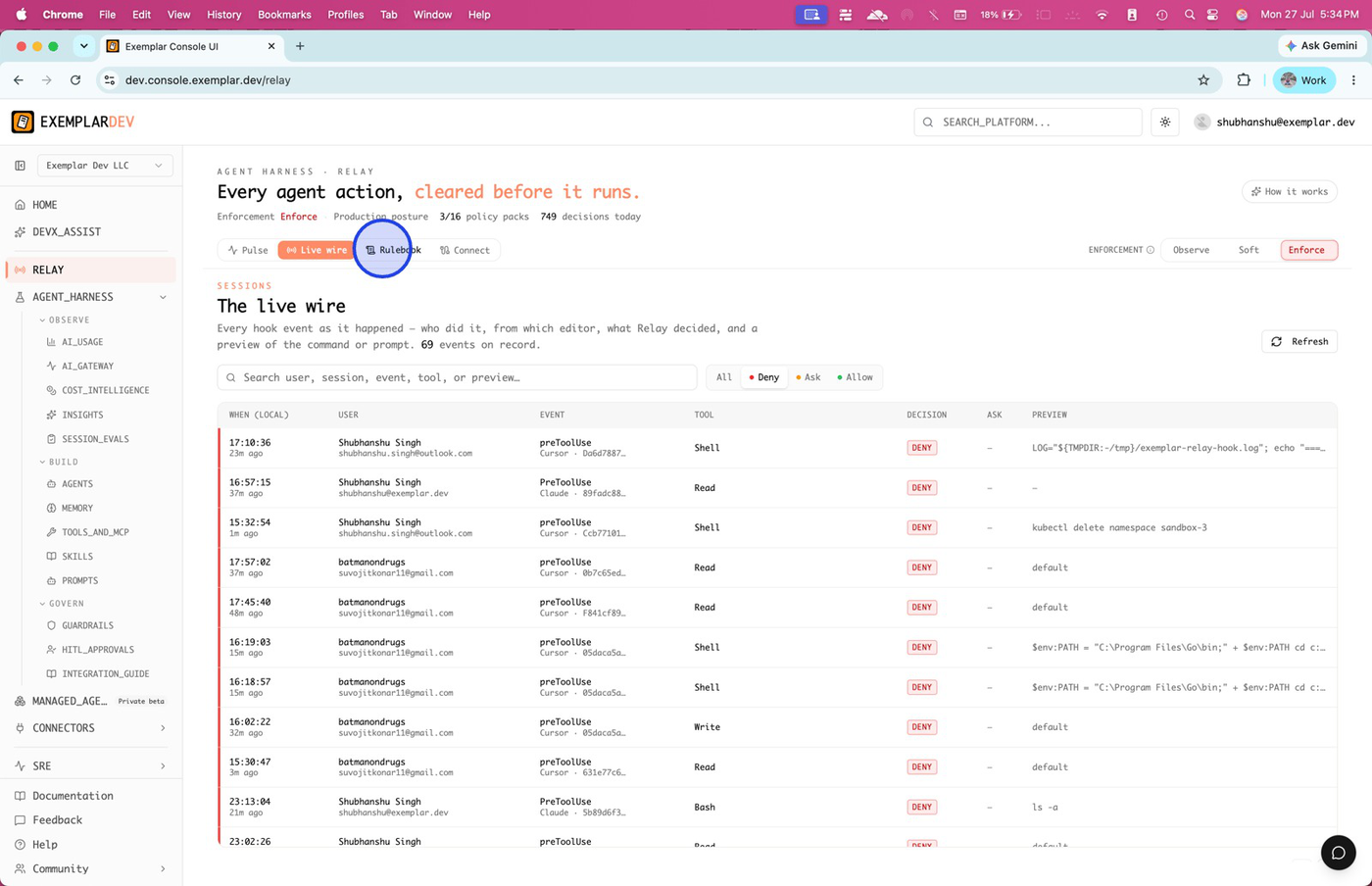 Live wire Deny rows for kubectl delete and related events