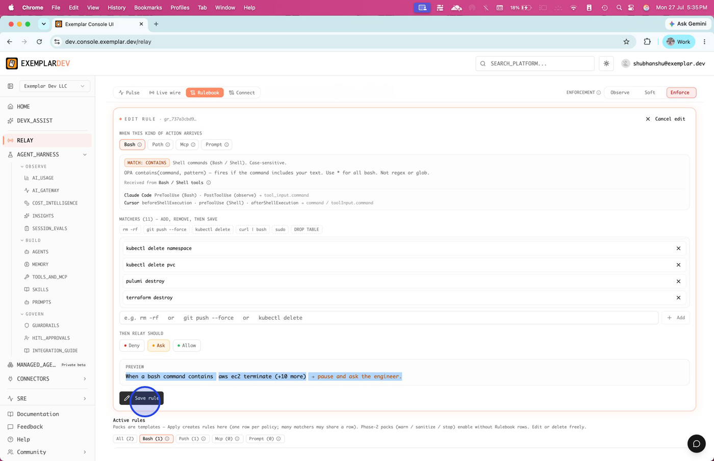 Edit rule with Ask selected and Save rule highlighted