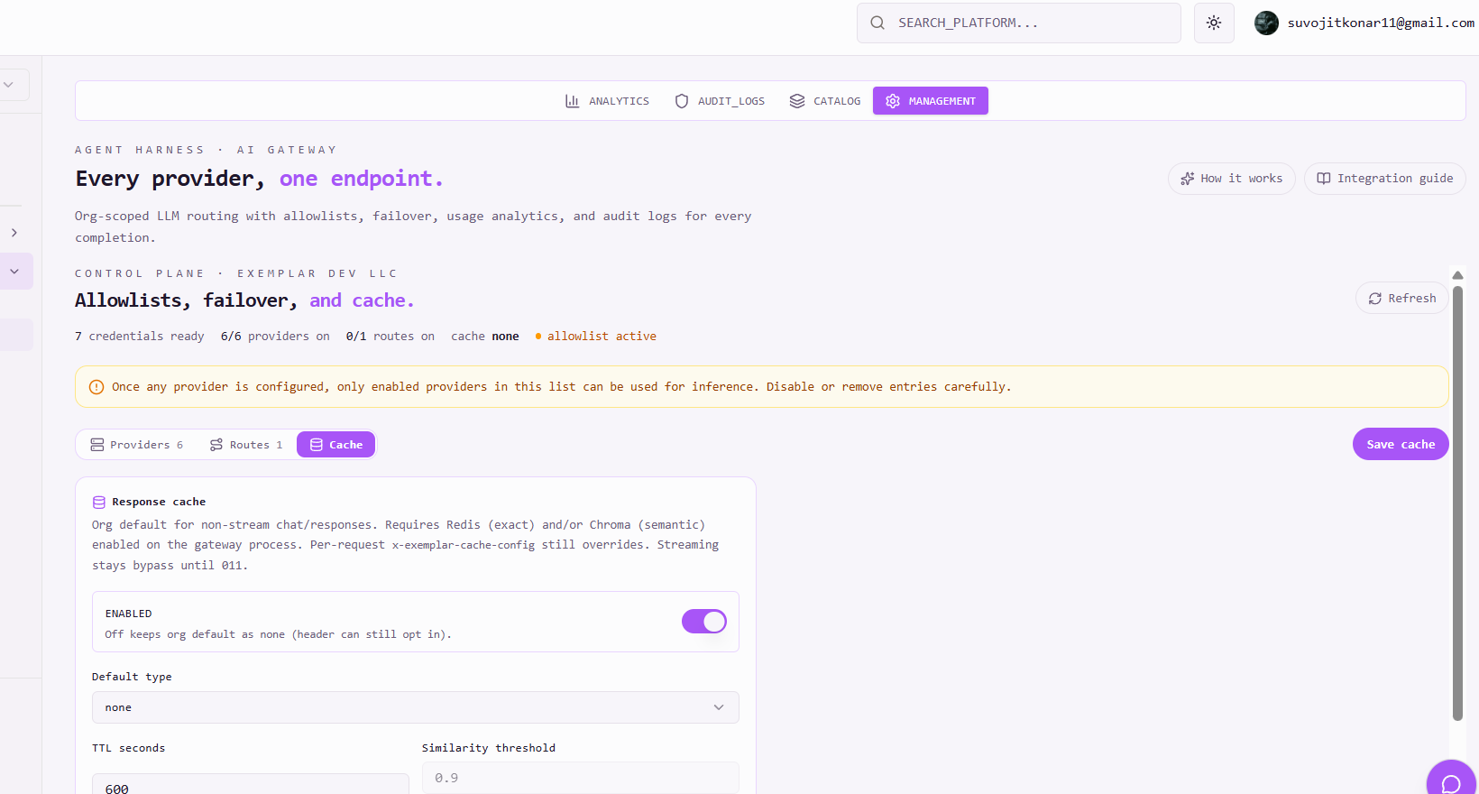 AI Gateway Management Cache tab with Enabled, type, TTL, and similarity
