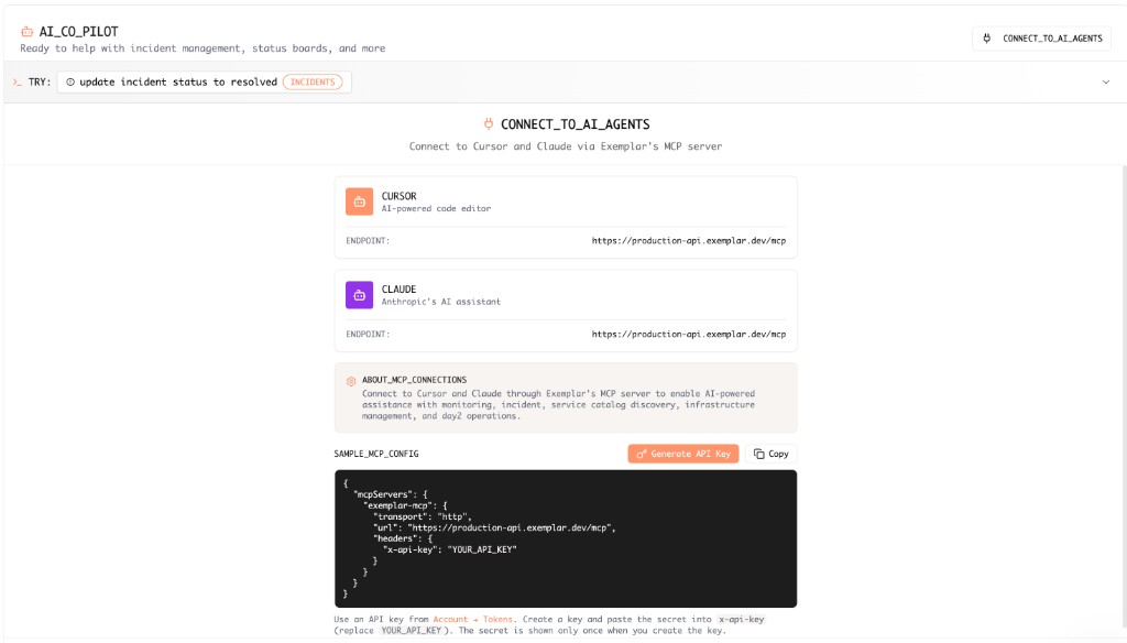 AI Copilot screen showing Connect to AI agents, Cursor and Claude cards with the MCP endpoint, and sample MCP JSON config