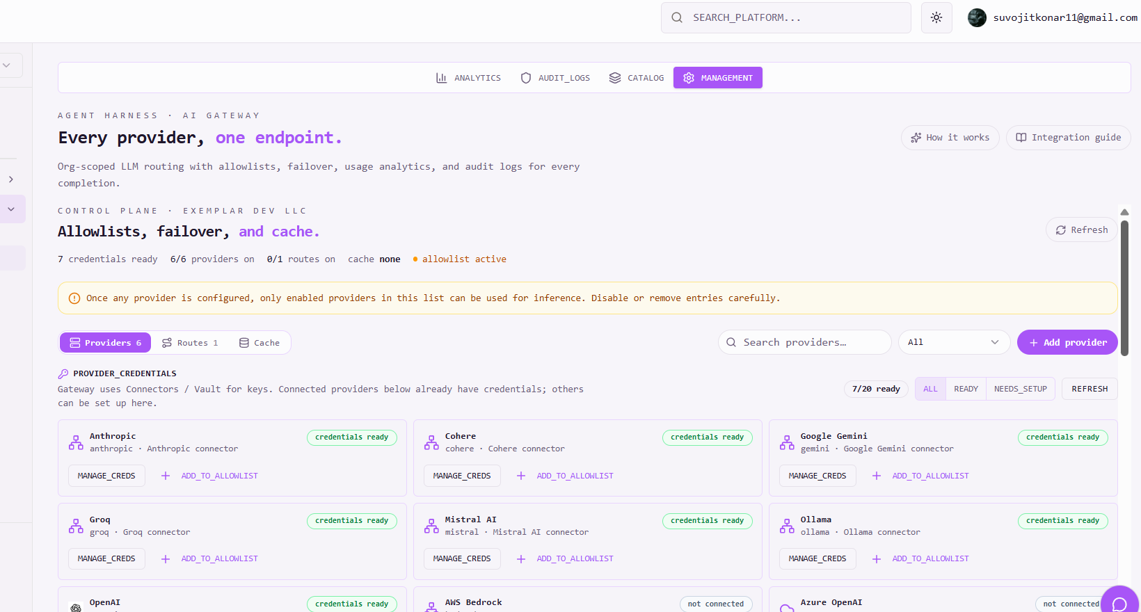 AI Gateway Management Providers tab with connector credentials