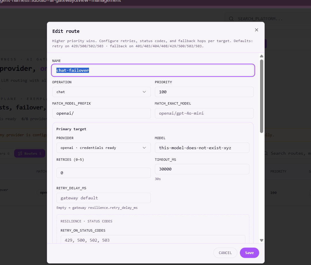 Edit route dialog with primary target, retries, and status-code policies