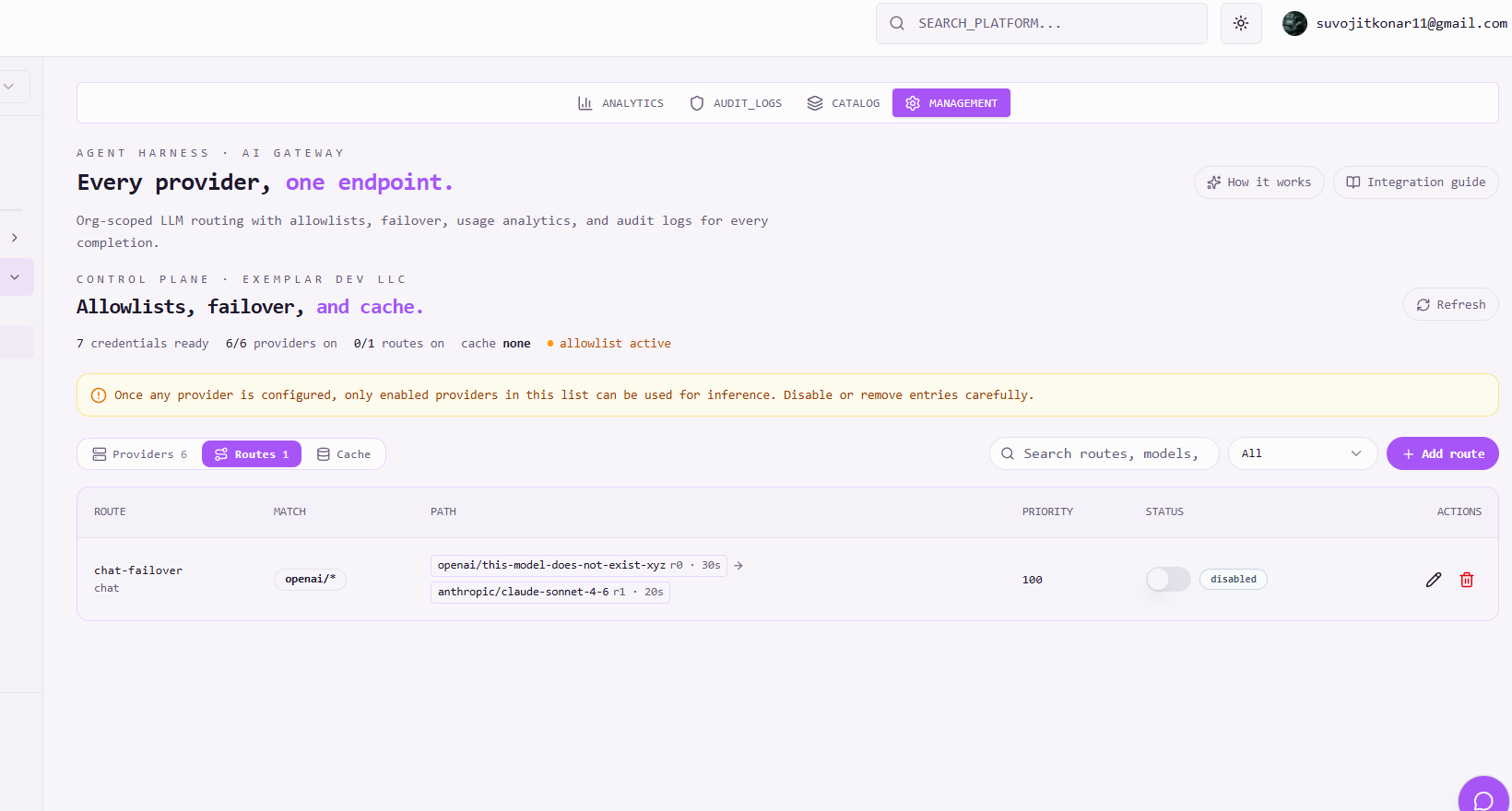 AI Gateway Management Routes tab with a primary → fallback route