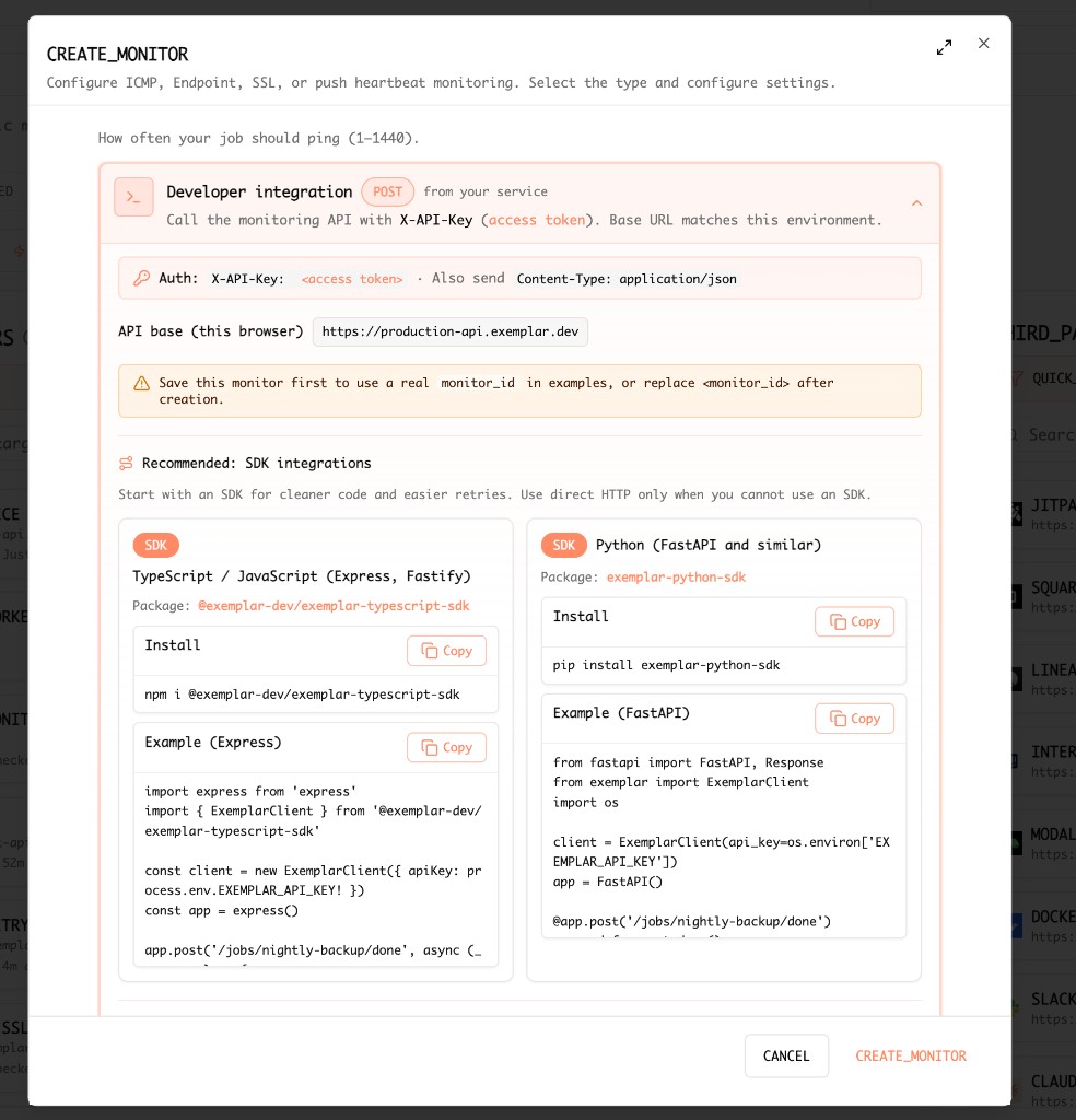 CREATE_MONITOR modal — Developer integration with API base URL, auth, and TypeScript / Python SDK cards