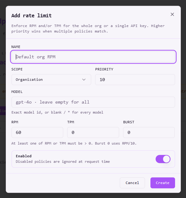 Add rate limit dialog with org scope, RPM, TPM, and burst