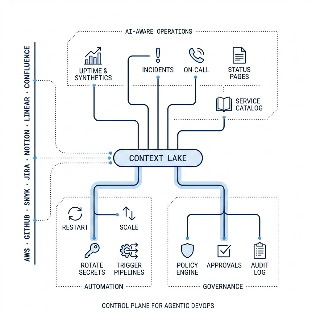 Control plane for agentic DevOps: context lake, AI-aware operations, automation, and governance.